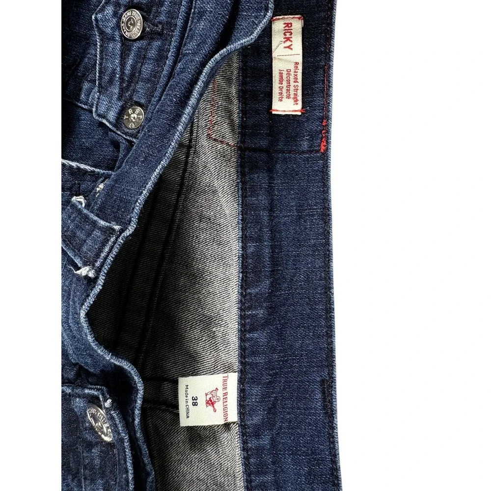 True Religion Ricky Shorts Mens 38 Blue Denim Dark Wash Raw Hem Relaxed Straight